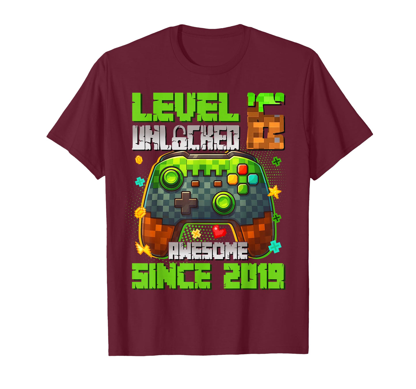 Level 6 Unlocked Awesome Since 2019 6th Birthday Game Pixel T-Shirt