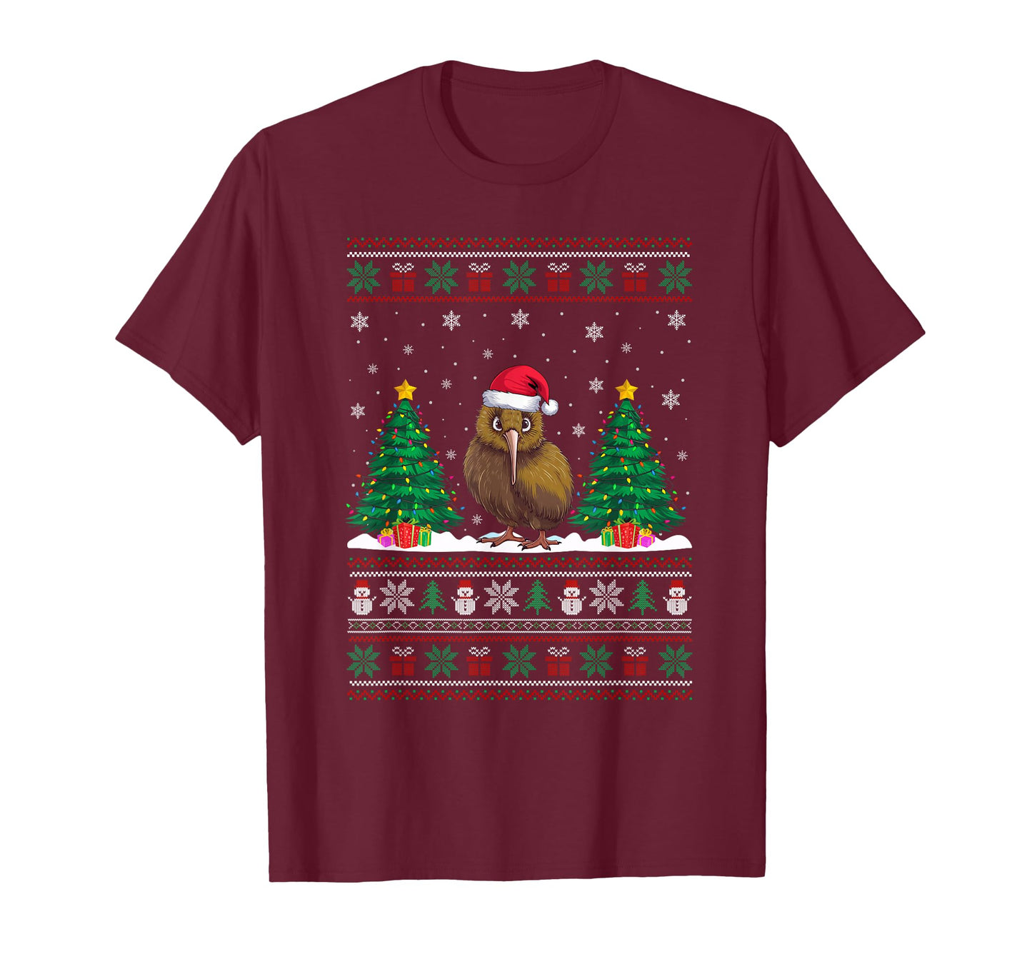 Santa Hat Kiwi Bird Christmas Tree Lights Ugly Sweater T-Shirt