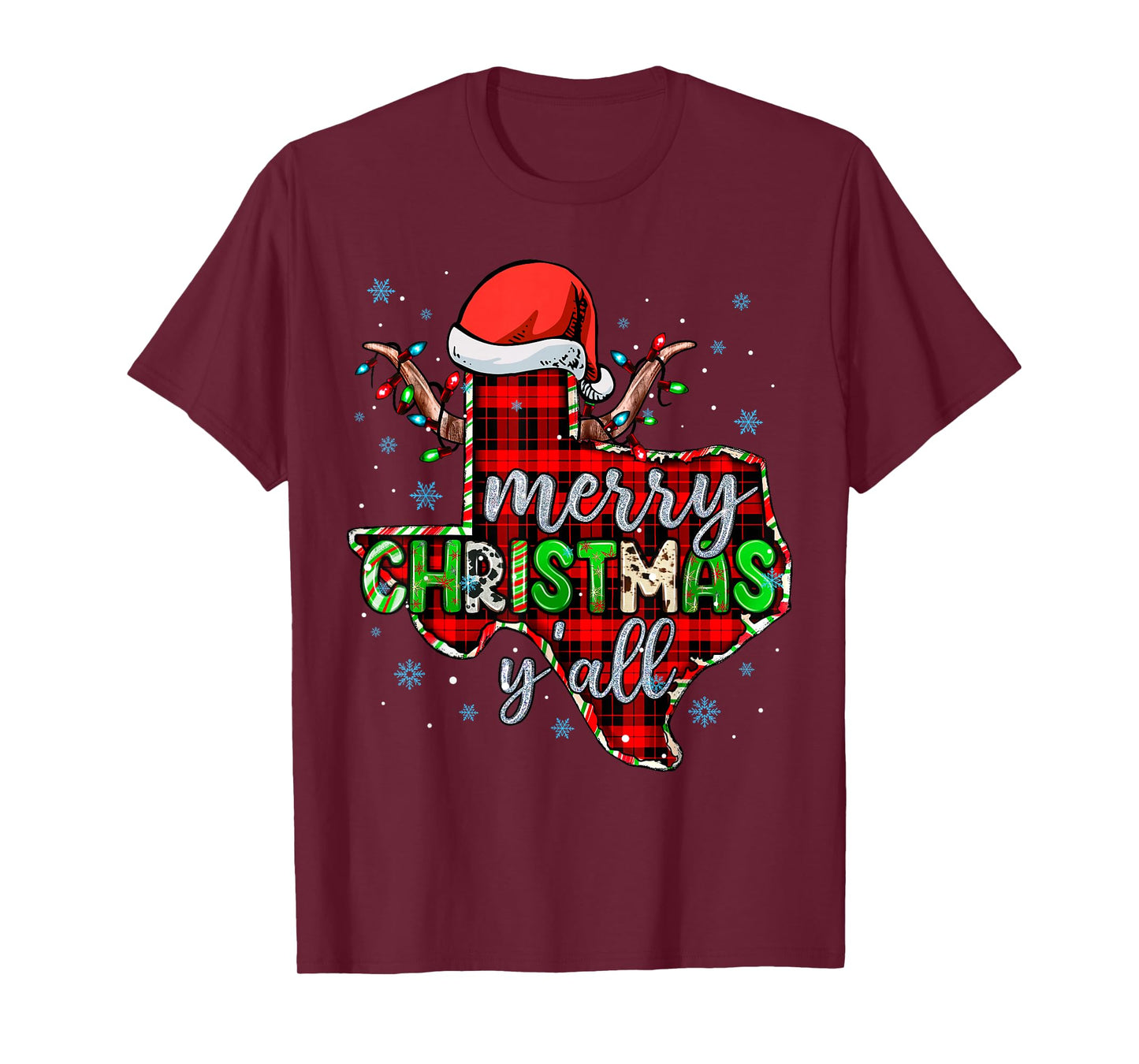 Funny Merry Christmas Y'all Texas State Red Plaid Santa Hat T-Shirt