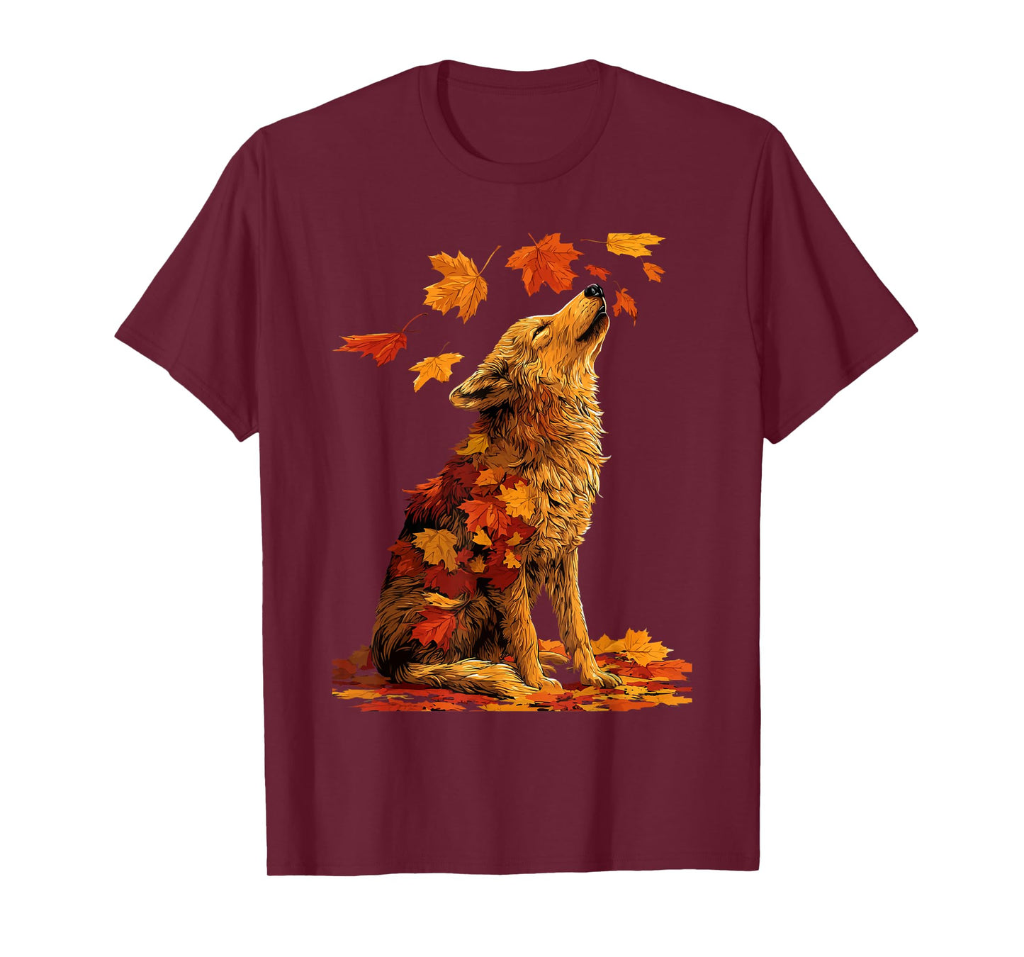 Cute Wolf with Fall Leaves Forest Animal Autumn Aesthetic T-Shirt
