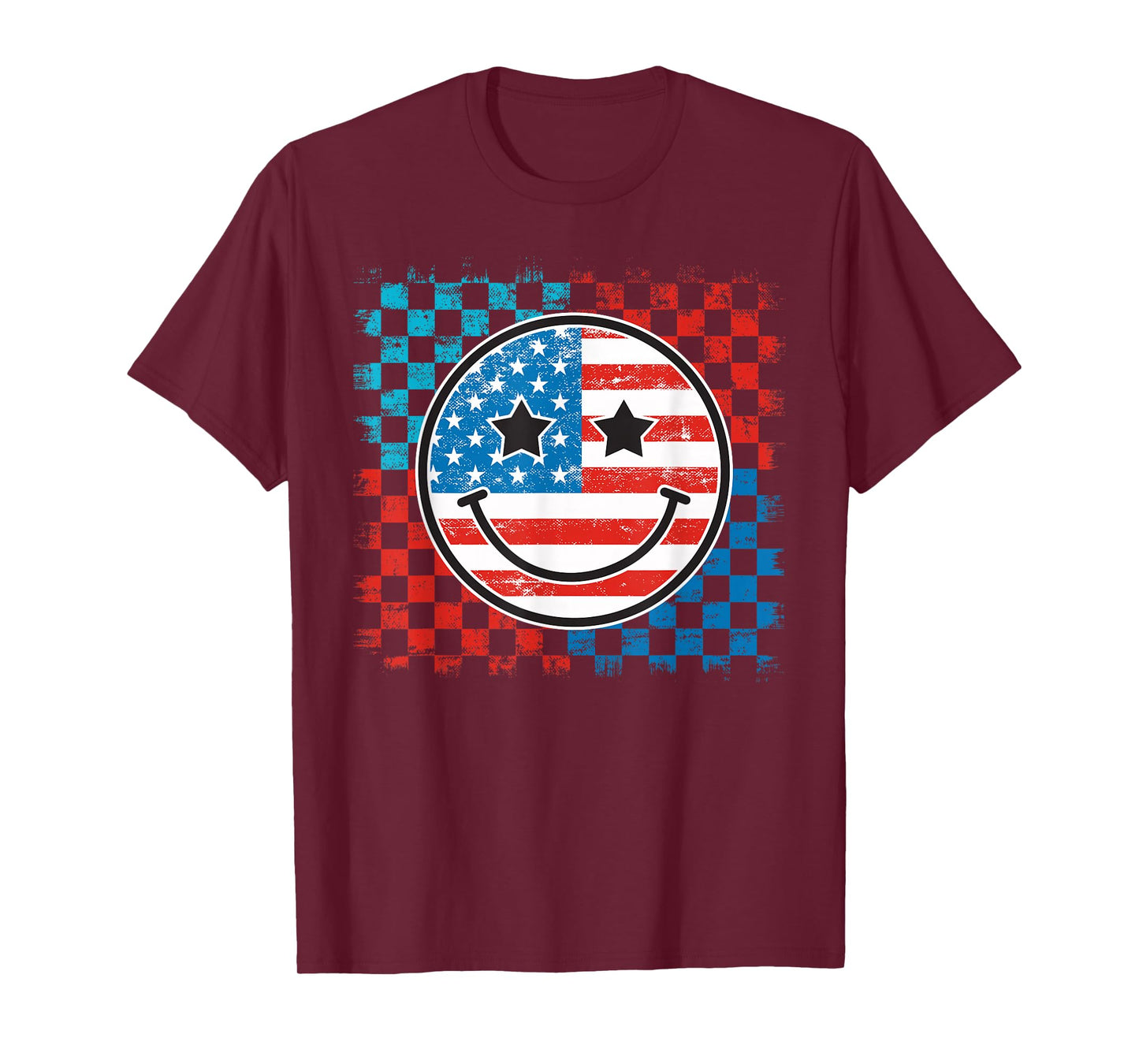 4th Of July Checkered Smile Face Red White Blue US Flag T-Shirt