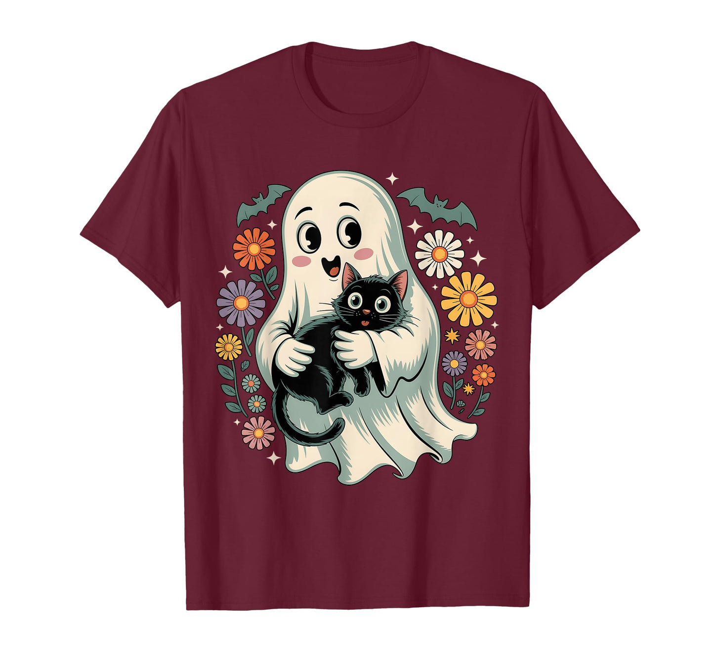 Groovy Flower Ghost Holding Black Cat Halloween Cat Lover T-Shirt