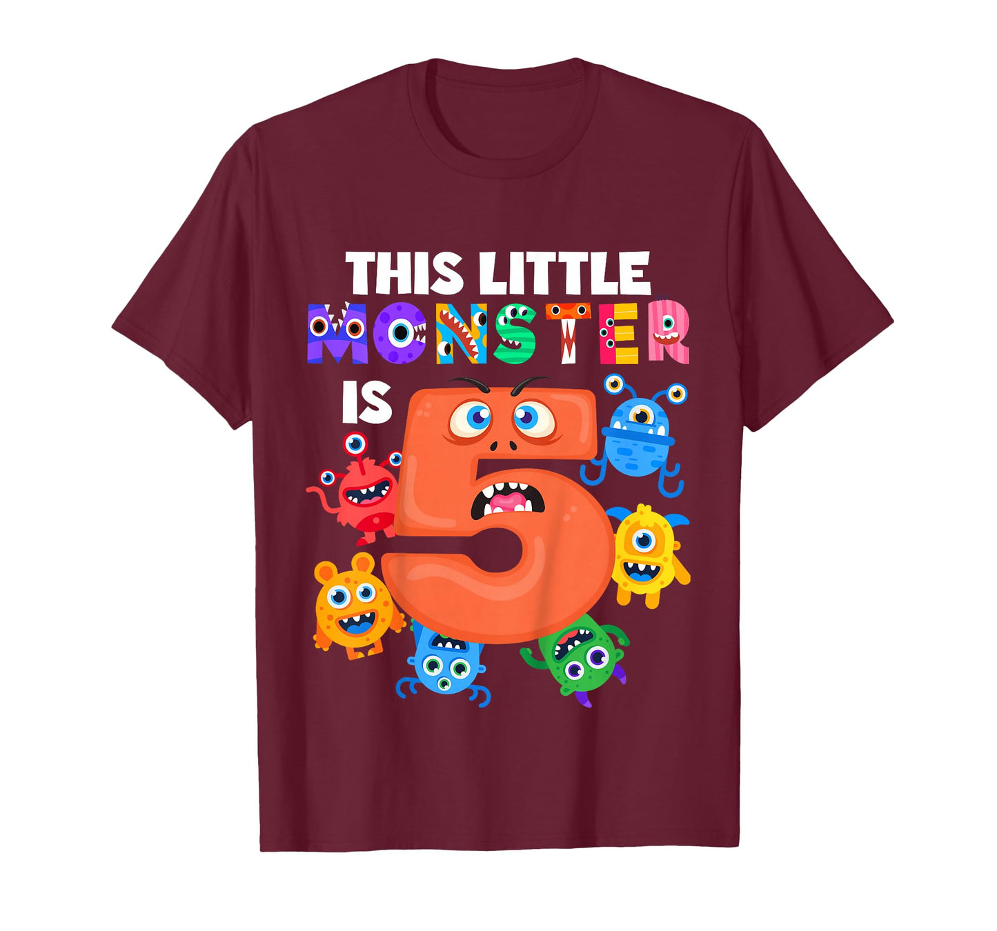 Kids This Little Monster is 5 Five Years 5th Birthday Party Alien T-Shirt