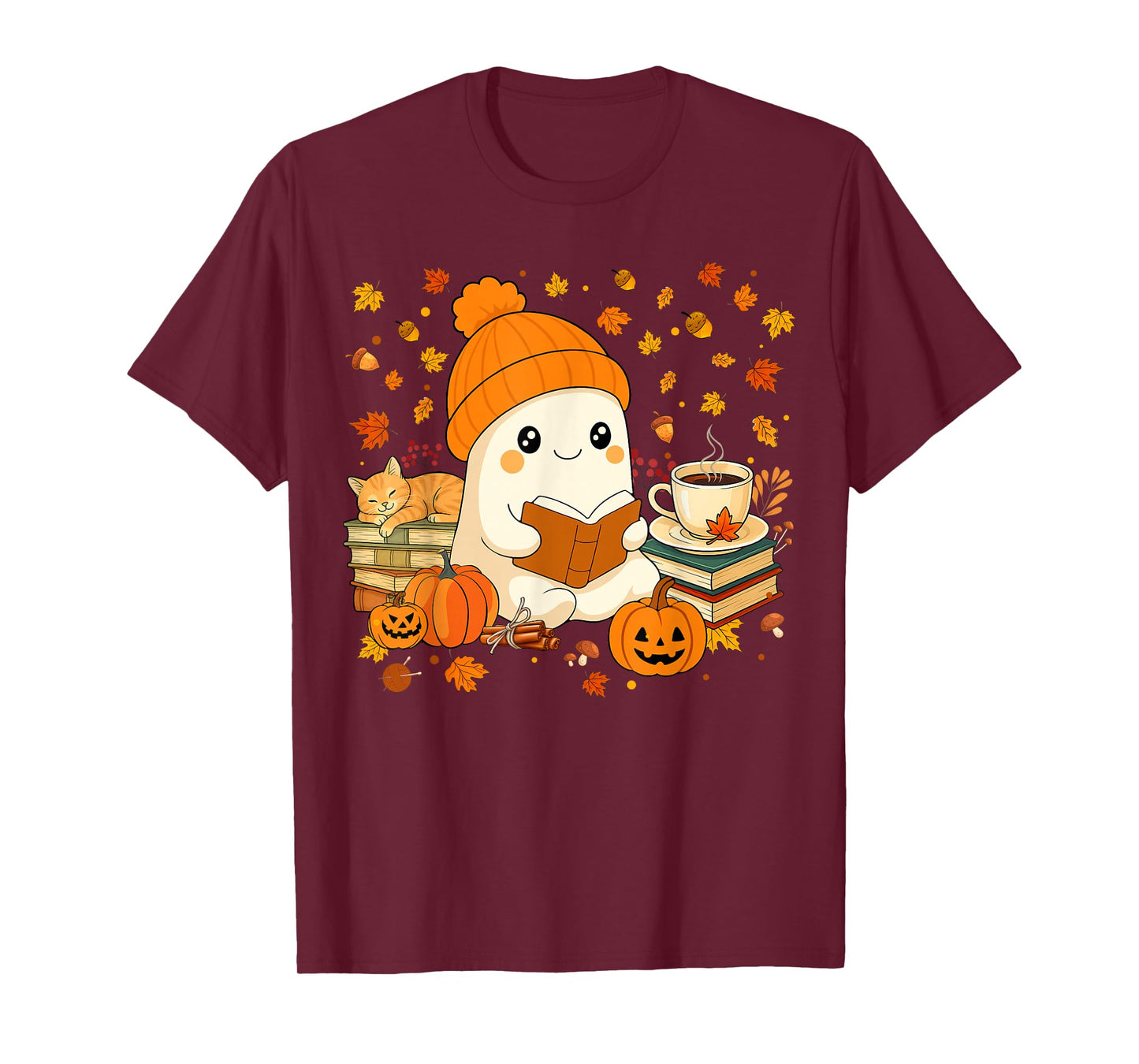 Ghost Reading Book Pumpkin Coffee Autumn Leaves Thanksgiving T-Shirt