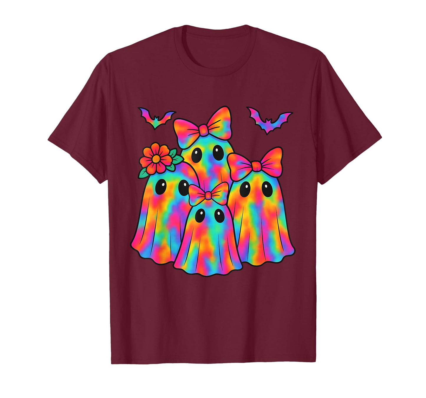 Cute Tie Dye Ghost with Bow Spooky Season Halloween Colorful T-Shirt
