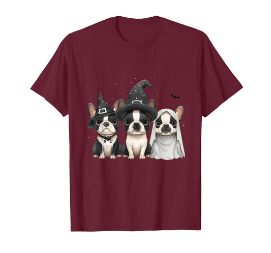 Cute Halloween Boston Terrier Dogs Witch Hat Ghost Dog T-Shirt for Men Women Kids