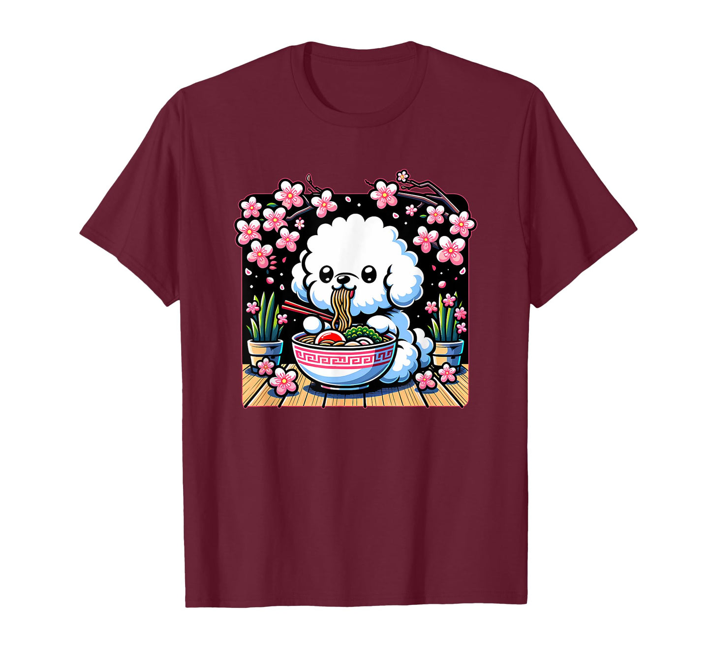 Kawaii Bichon Frise Dog Eating Ramen T-Shirt