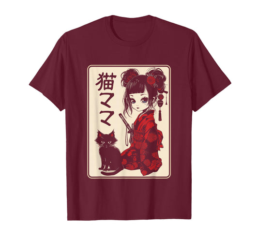 Japanese Gothic Kawaii Anime Samurai Cat Mom Woman Girls T-Shirt
