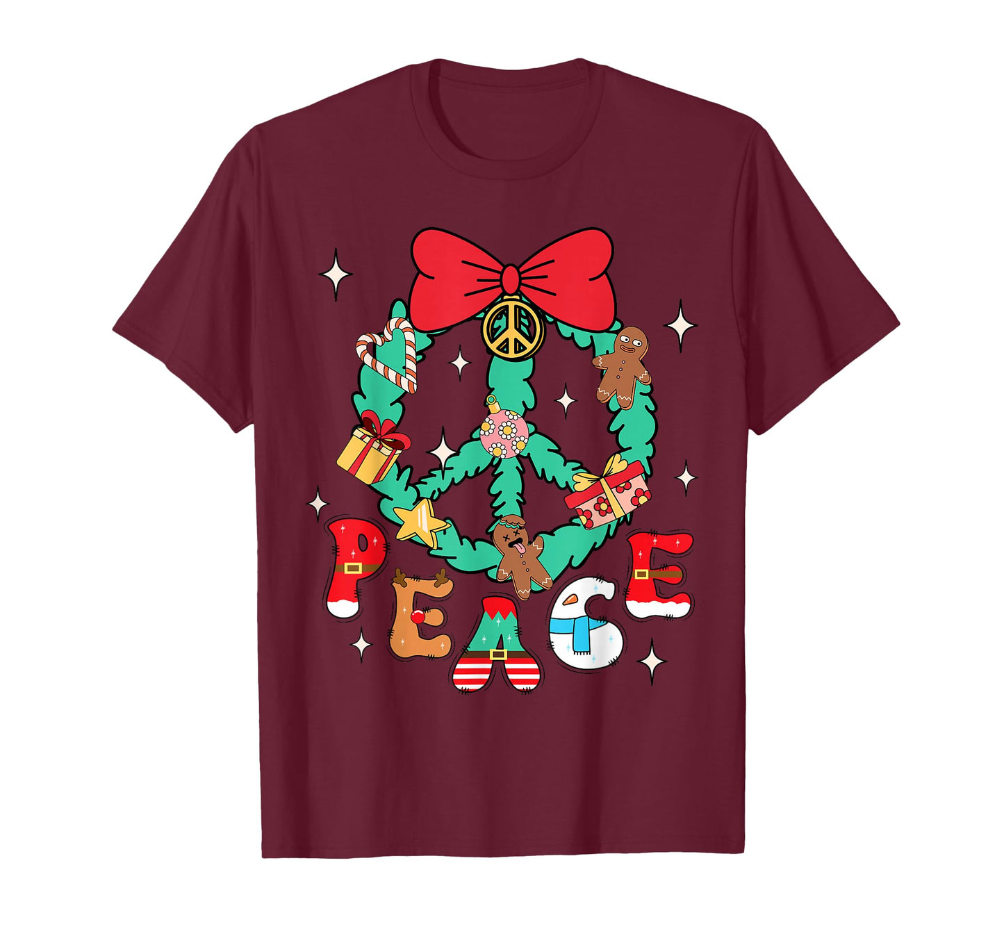 Christmas Peace Wreath Candy Canes Bows Gingerbread Reindeer T-Shirt