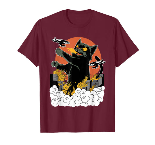 Black Japanese Catzilla Sunset T-Shirt - Classic Fit, Crew Neck, Cotton & Polyester Blend