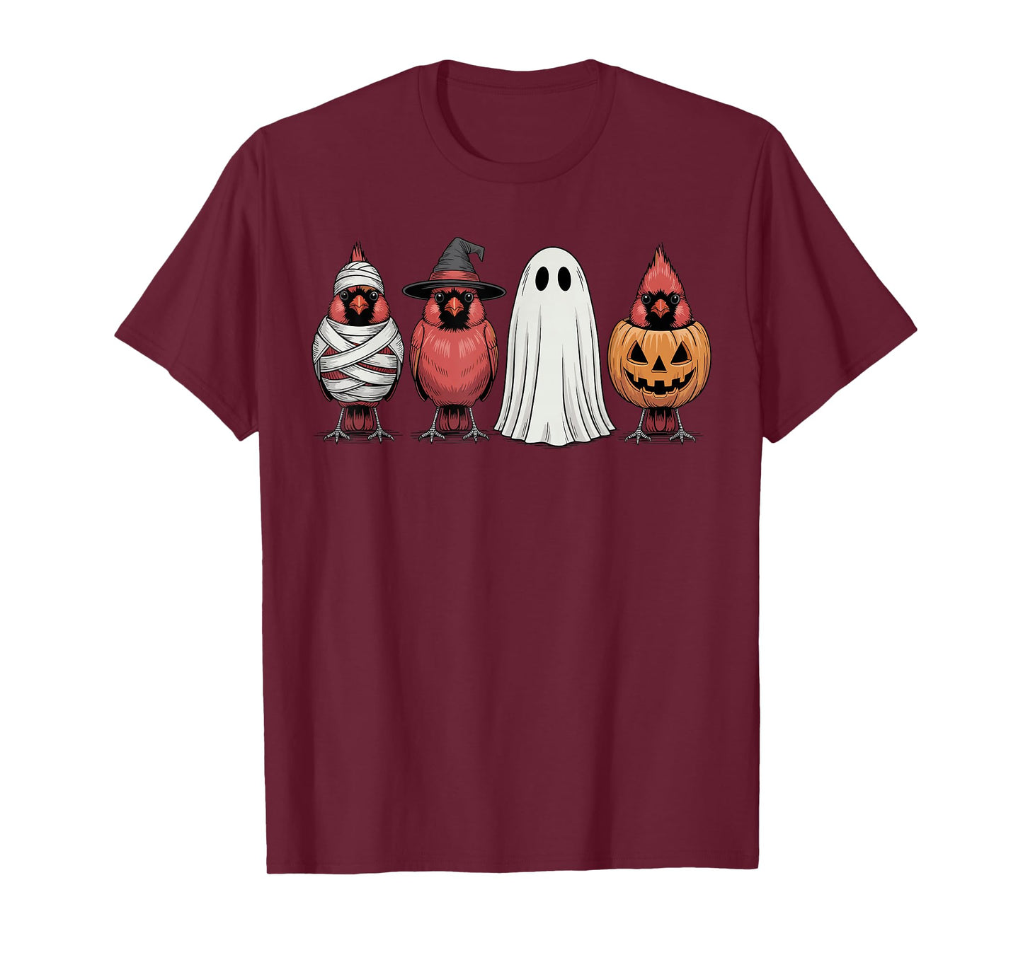 Spooky Ghost Red Cardinal Bird Pumpkin Halloween Skeleton T-Shirt