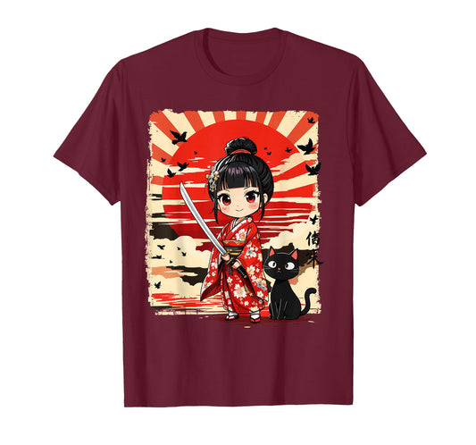 Cute Kawaii Samurai Girl and Cat Japanese Anime Kids Girls T-Shirt