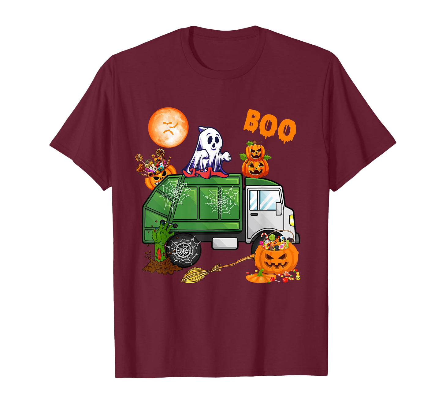 Ghost Driving Garbage Truck With Candy Bag Carved Pumpkin T-Shirt