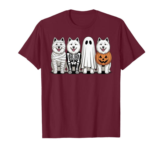 Spooky Ghost Samoyed Pumpkin Halloween Dog Skeleton T-Shirt