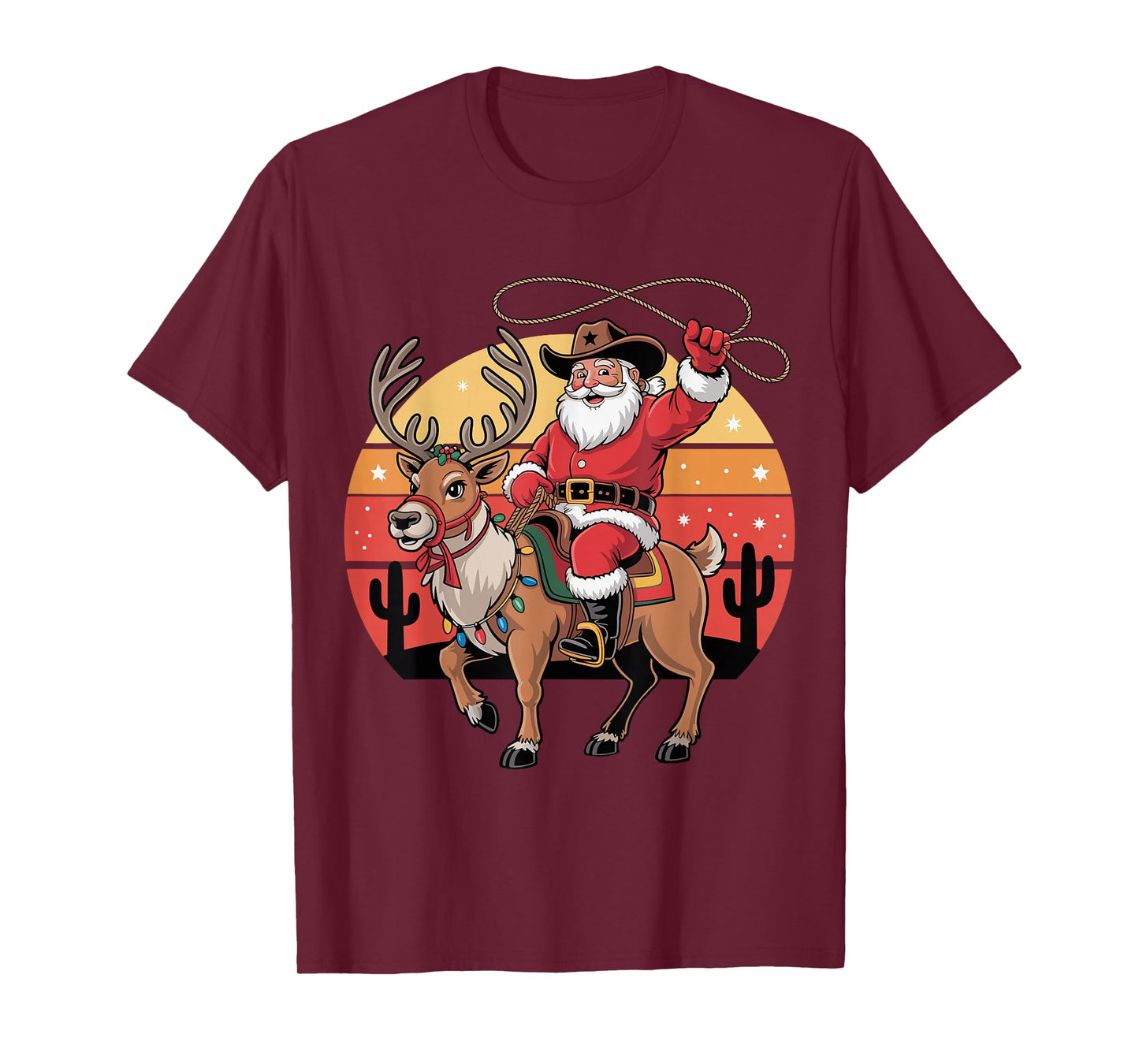 Cowboy Santa Riding Reindeer Western Texas Christmas Tee T-Shirt