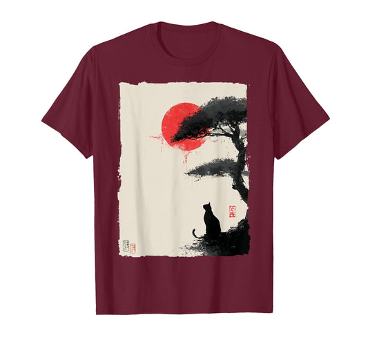 Japanese Sumi-e Art Cat Silhouette and Red-Sun T-Shirt