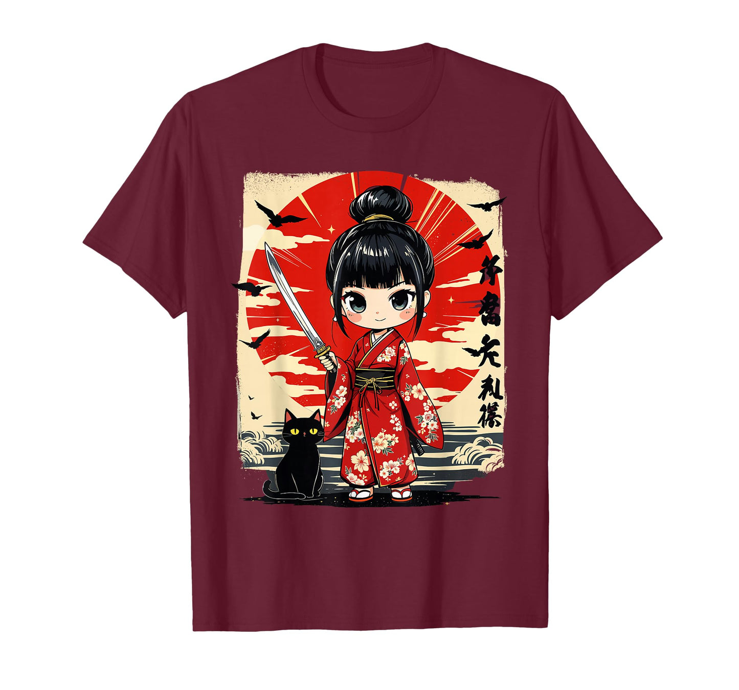 Cute Kawaii Samurai Girl and Cat Japanese Anime Kids Girls T-Shirt
