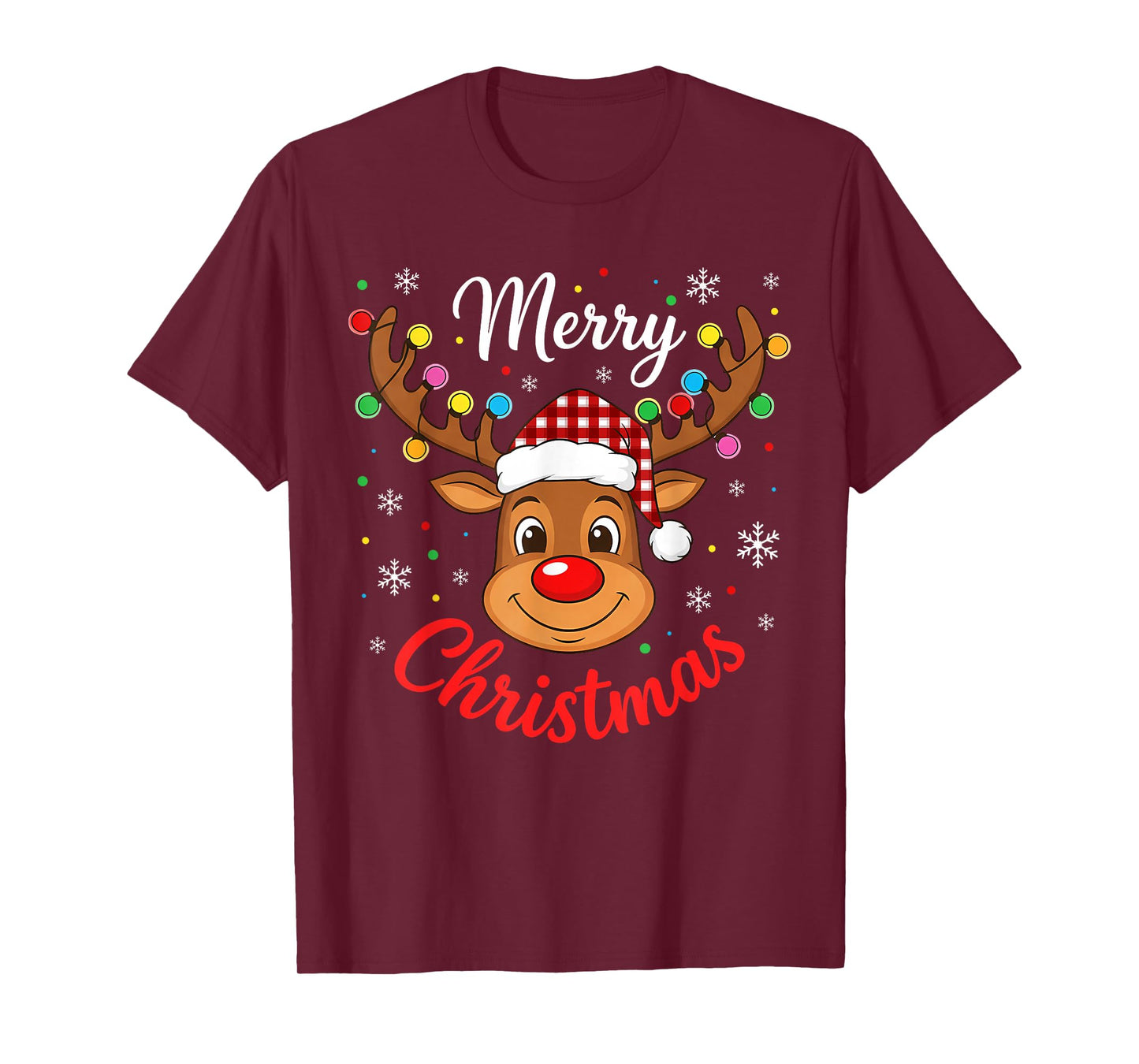 Merry Christmas Reindeer Santa Hat Holiday Matching Family T-Shirt