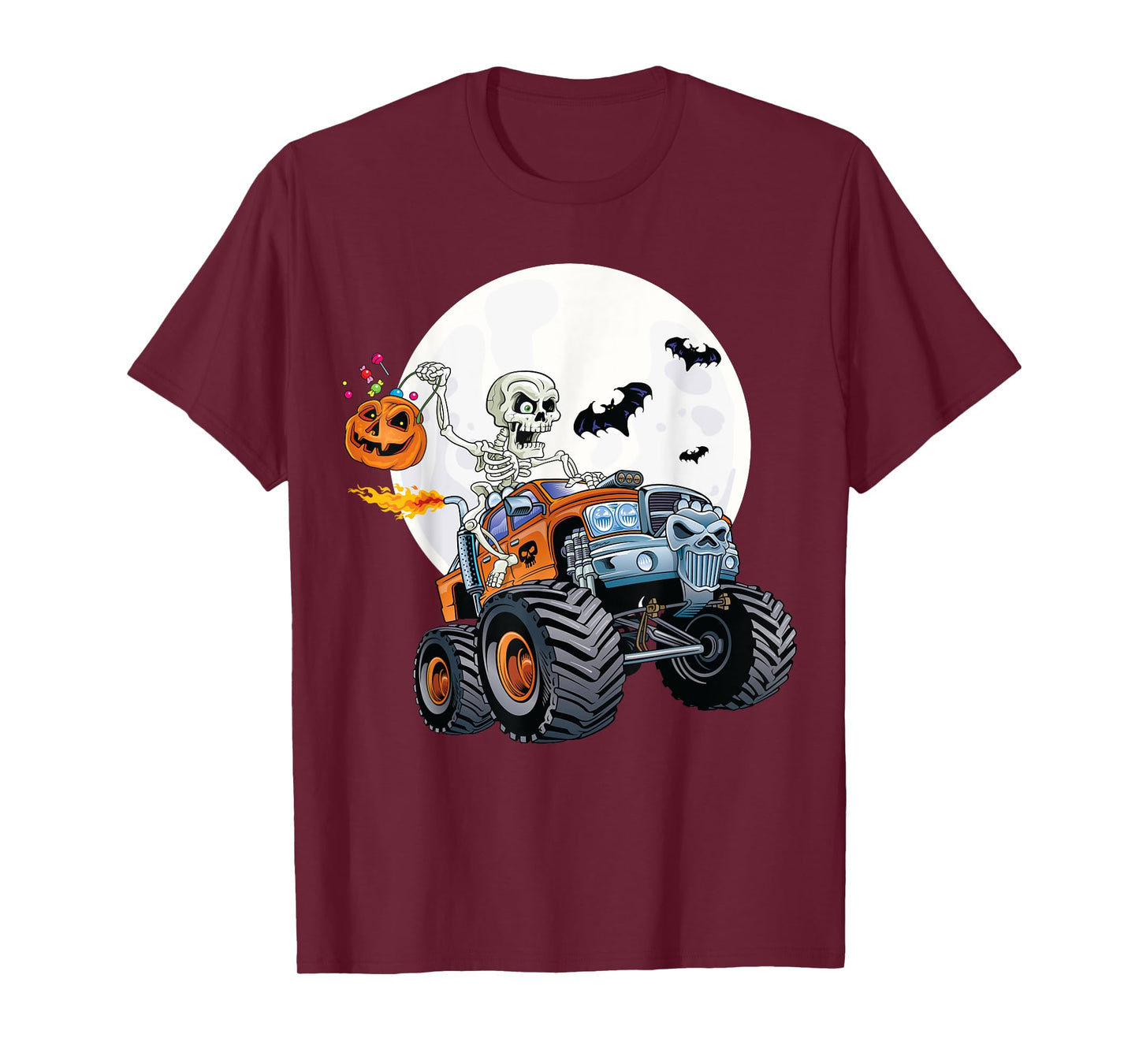 Skeleton Monster Truck Creepy Halloween Jack O Lantern Kids T-Shirt