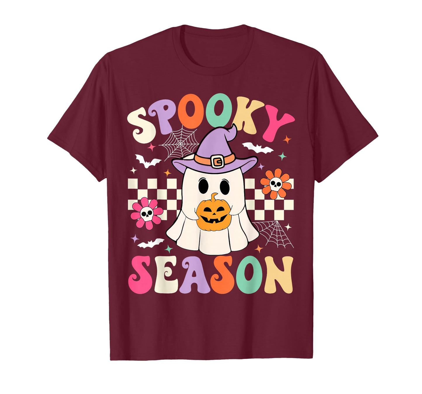 Groovy Spooky Season Retro Ghost Holding Pumpkin Halloween T-Shirt