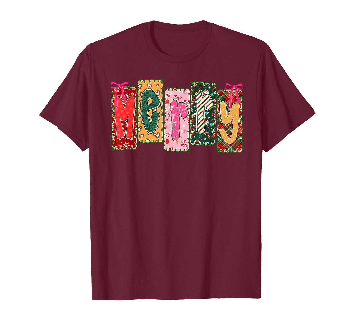 Merry Christmas Patchwork Merry Xmas Girl Women Floral Bows T-Shirt