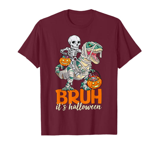 Bruh It’s Halloween Skeleton Riding Dinosaur Gifts Kids Boys T-Shirt