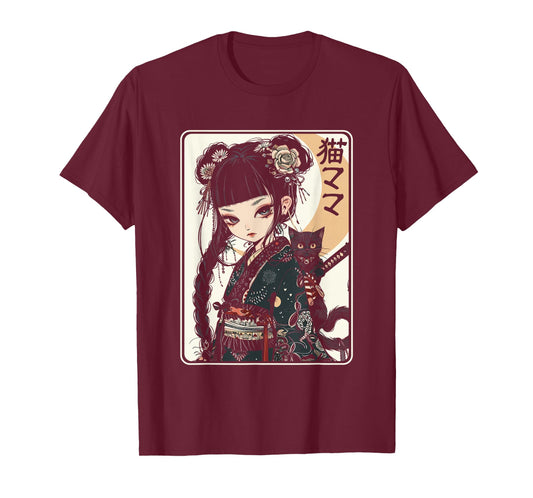 Japanese Gothic Kawaii Anime Samurai Cat Mom Woman Girls T-Shirt