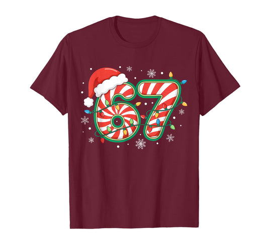 Christmas 67 Six Seven Meme Candy Cane Santa Hat Xmas Lights T-Shirt