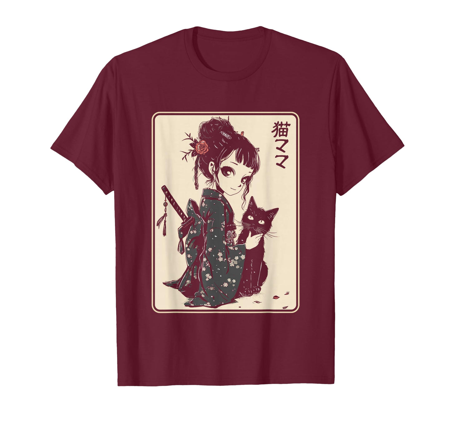 Japanese Gothic Kawaii Anime Samurai Cat Mom Woman Girls T-Shirt