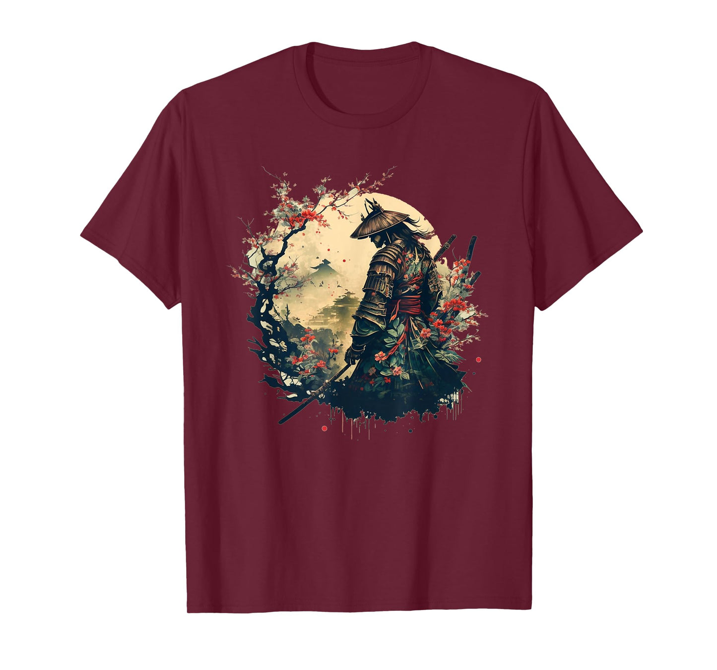 Samurai Warrior with Katana Mount Fuji Cherry Blossom Art T-Shirt