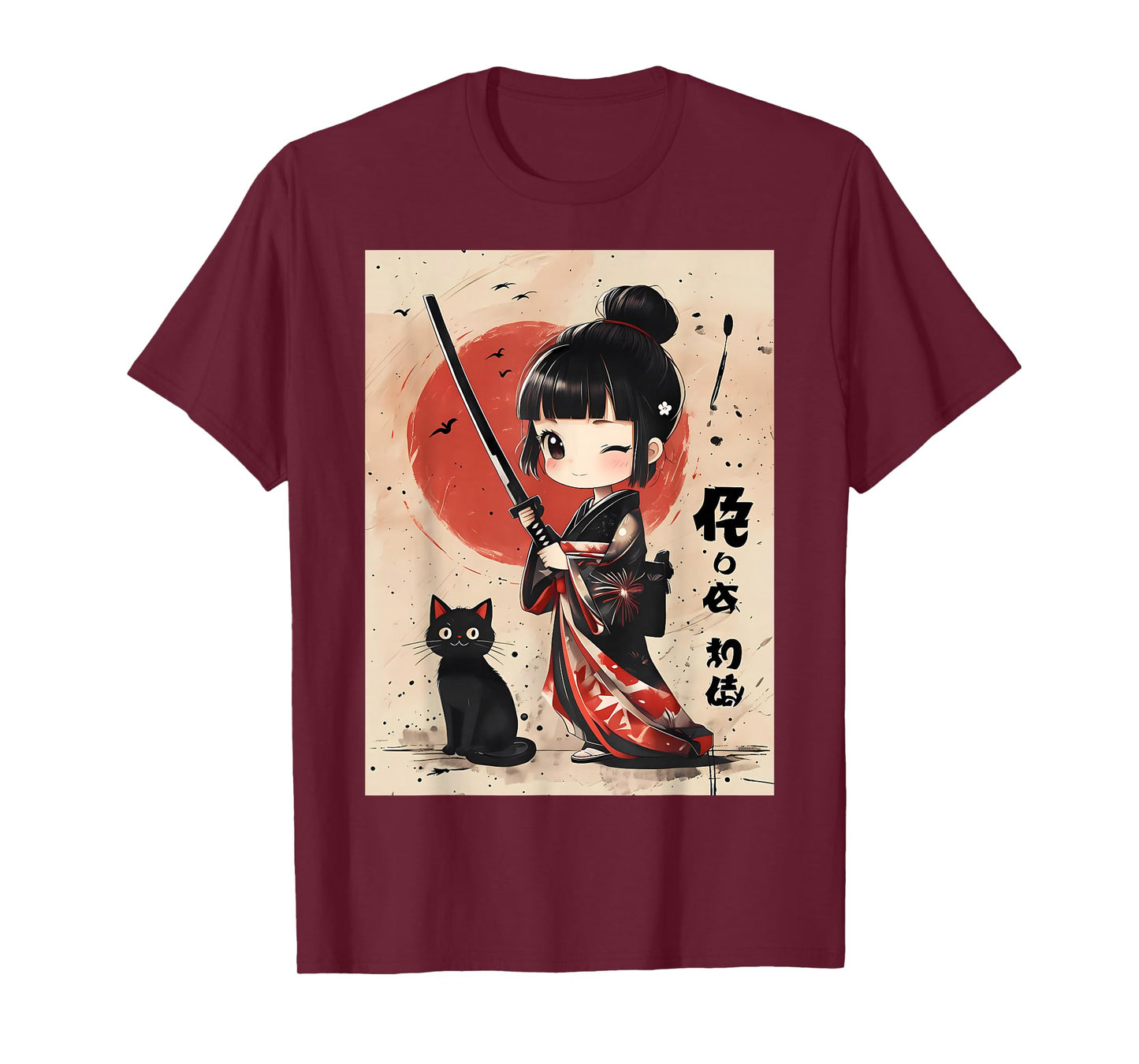 Cute Kawaii Samurai Girl with Katana Cat Japanese Anime T-Shirt