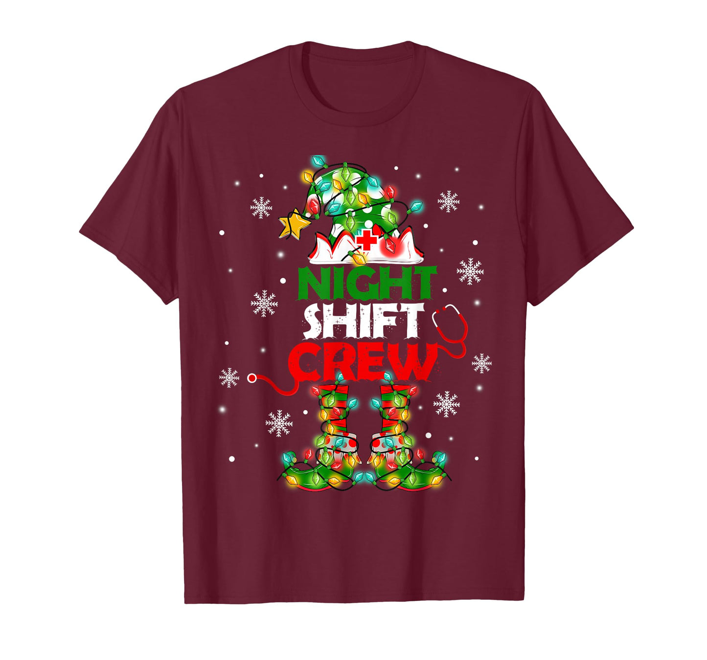 Funny Nurse Elf Christmas Lights Cute Xmas Night Shift Crew T-Shirt