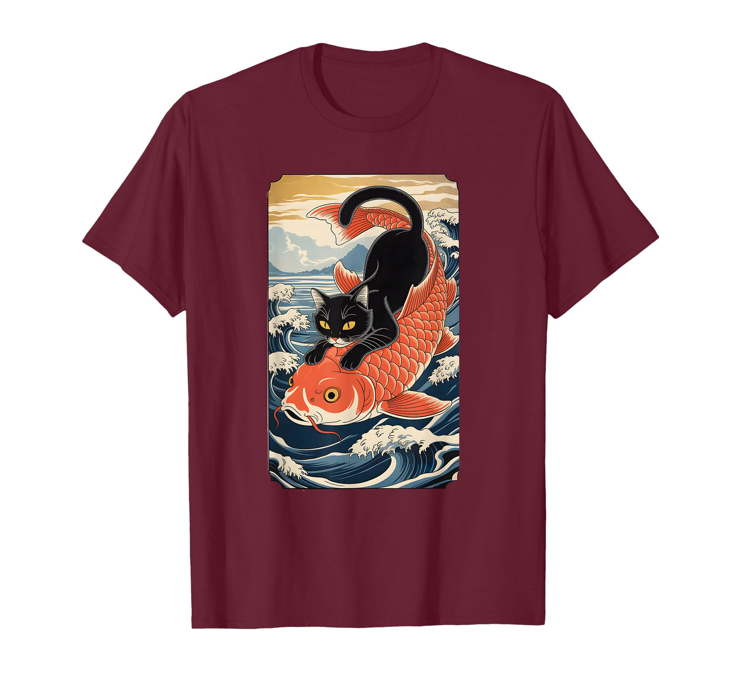 Cat Koi Japanese Black Ukiyoe Art Sakura Waves Zen T-Shirt