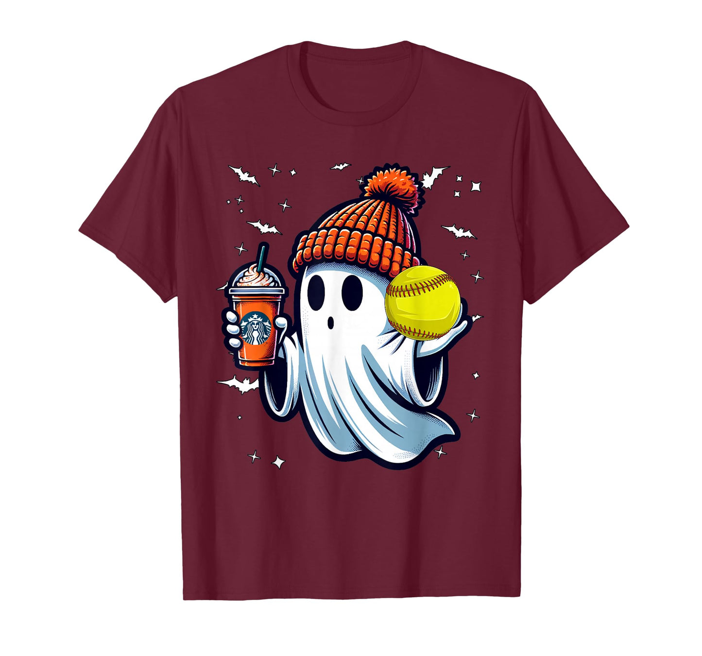 Ghost Pumpkin Drinks Beanie Fall Softball Lovers Halloween T-Shirt
