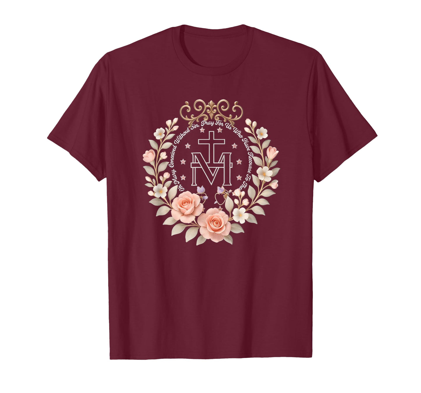 Floral Miraculous Medal Marian Catholic Devotion T-Shirt