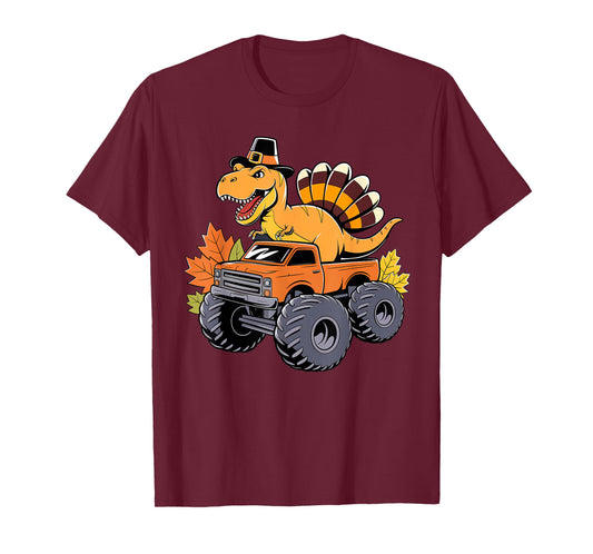 Dinosaur Thanksgiving Boys Kids Dino T Rex Monster Truck T-Shirt