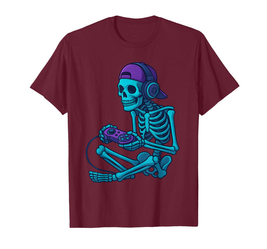 Funny Skeleton Video Game Halloween Gaming Gamer Boys Men T-Shirt