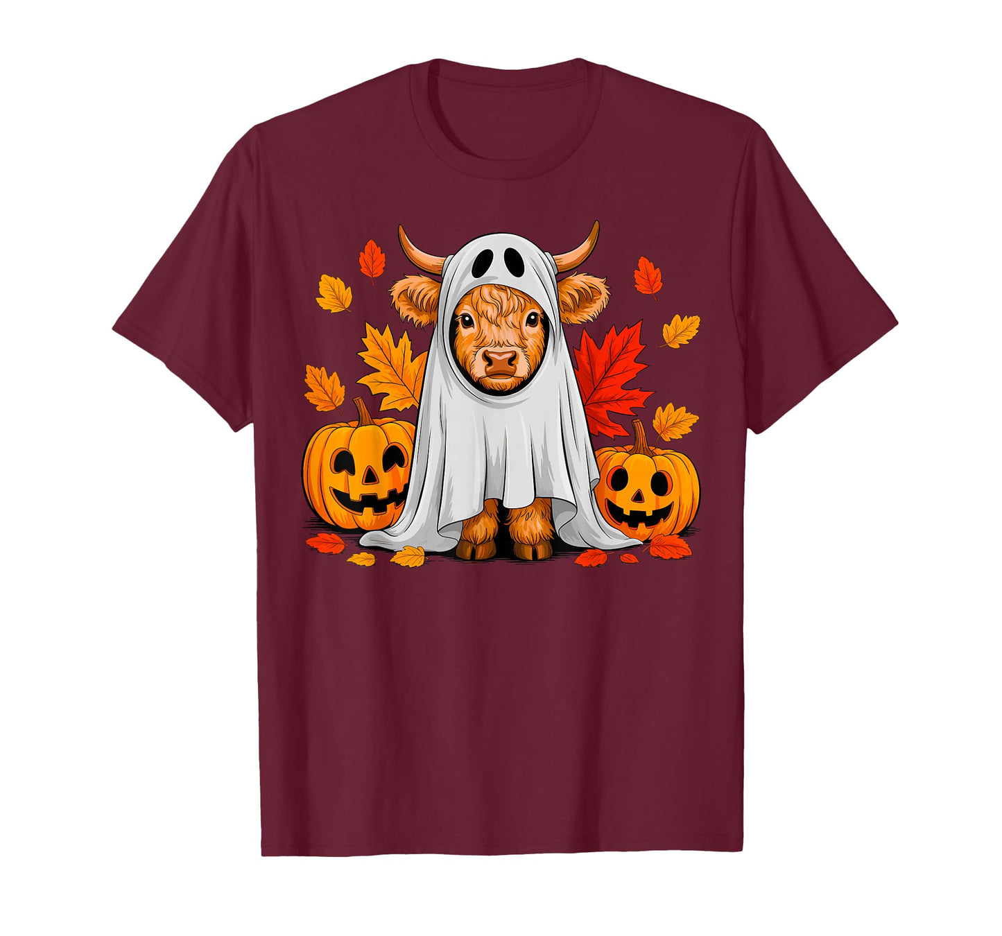 Women Highland Cow Ghost Pumpkin Girls Halloween Autumn Fall T-Shirt