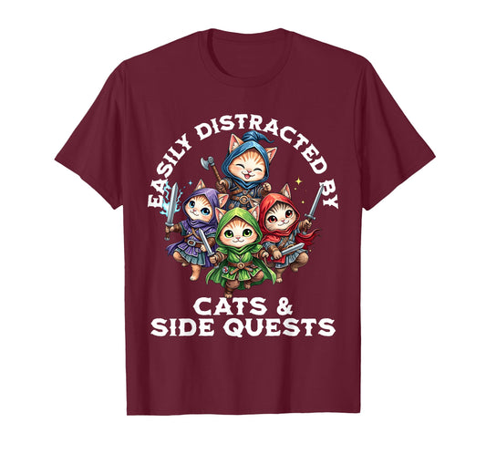 Easily Distracted by Cats and Side Quests Funny Gamer Cat T-Shirt
