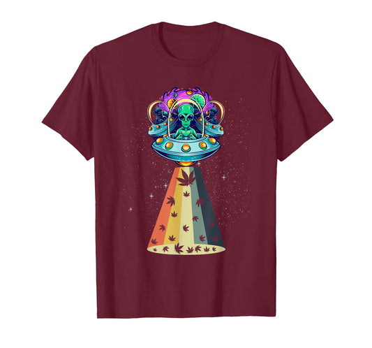 Vintage Alien Weed Pot Leaf UFO Abduction Marijuana T-Shirt