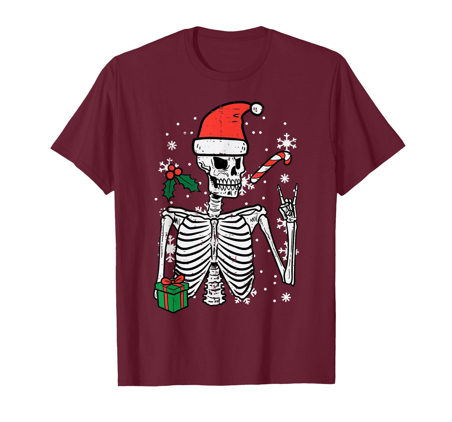 Christmas Rocker Skeleton Santa Rock Hand Xmas Men Boys Kids T-Shirt
