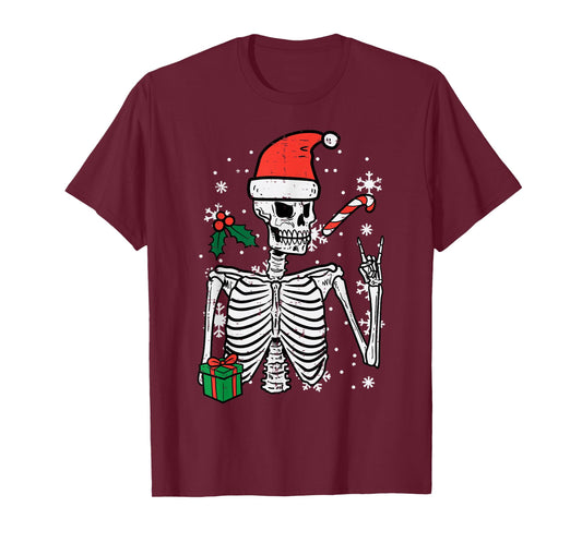 Christmas Rocker Skeleton Santa Rock Hand Xmas Men Boys Kids T-Shirt