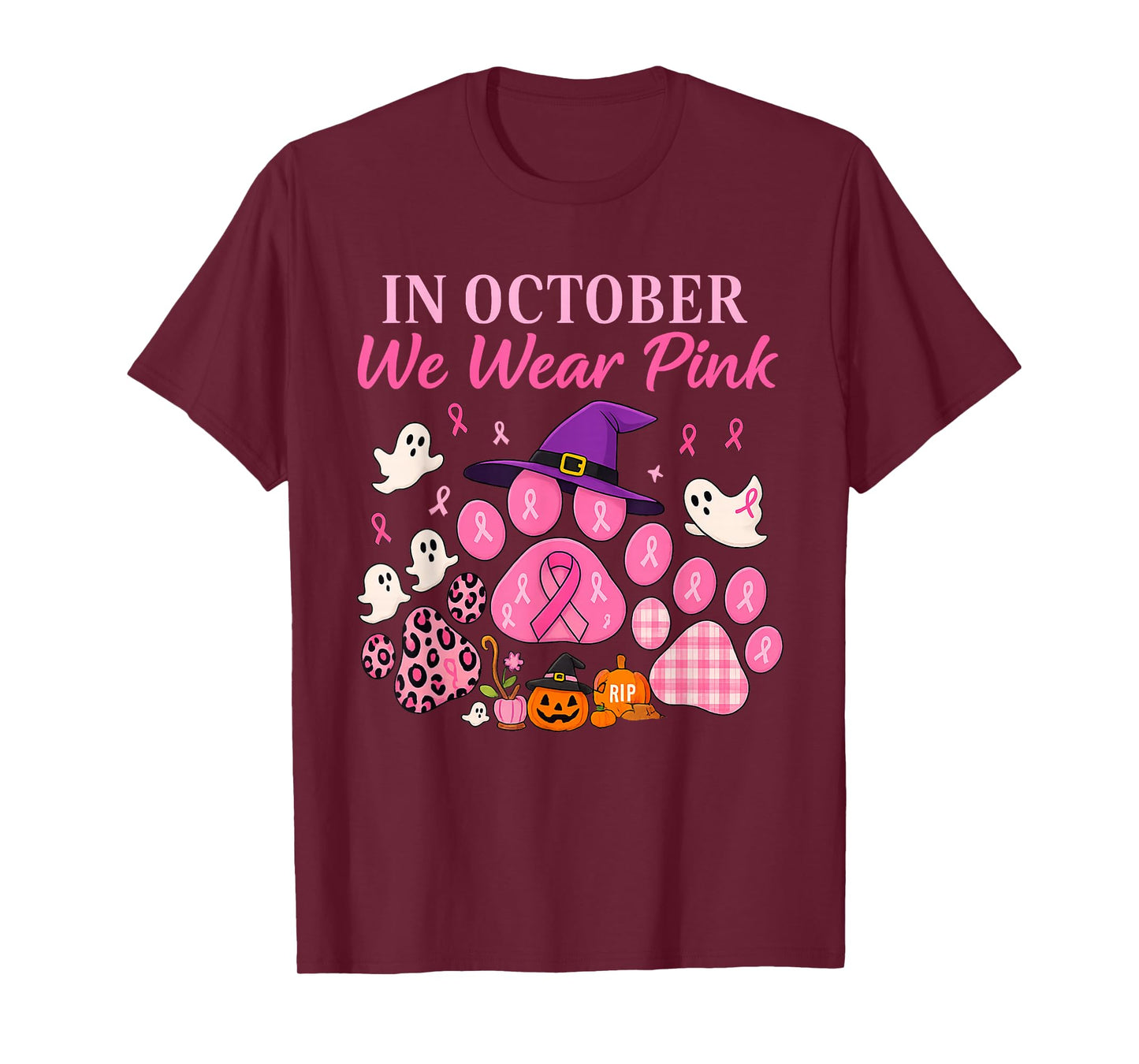 in October We Wear Pink Dog Paw Breast Cancer Awareness T-Shirt