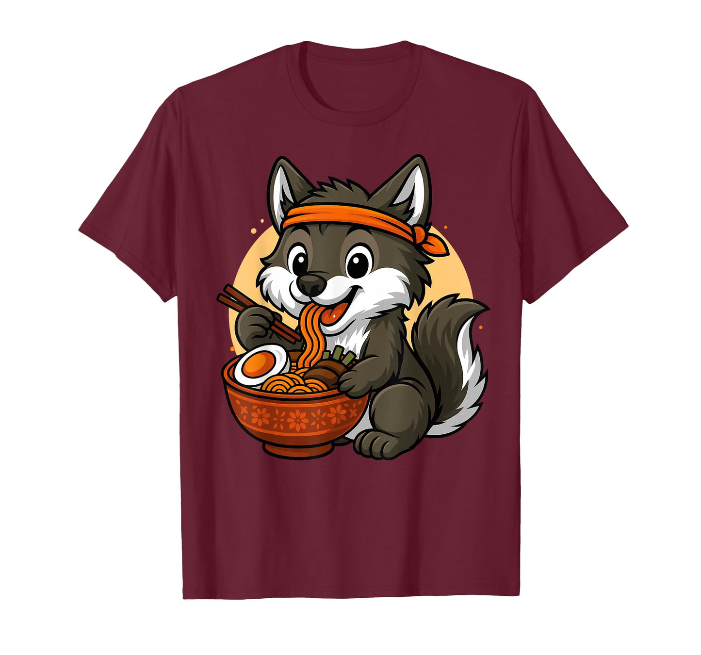 Kawaii Wolf Eating Ramen Graphic Japanese Wolf Graphic T-Shirt