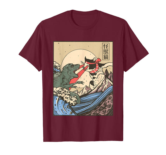 Kaiju Monster vs Cat Laser Eye Fight Great Wave Japanese T-Shirt