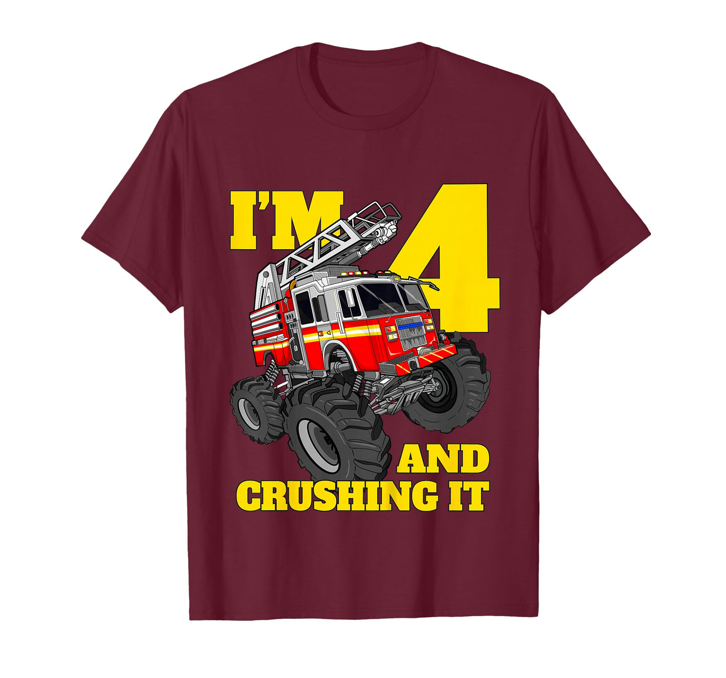 Kids Monster Fire Truck 4th Birthday Boy 4 Four Firefighter T-Shirt