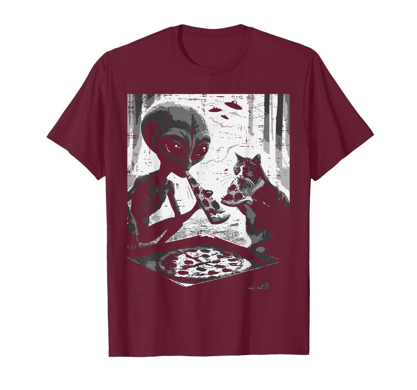 Alien And Cat Eating Pizza Funny Snack Food Men Women Kids T-Shirt