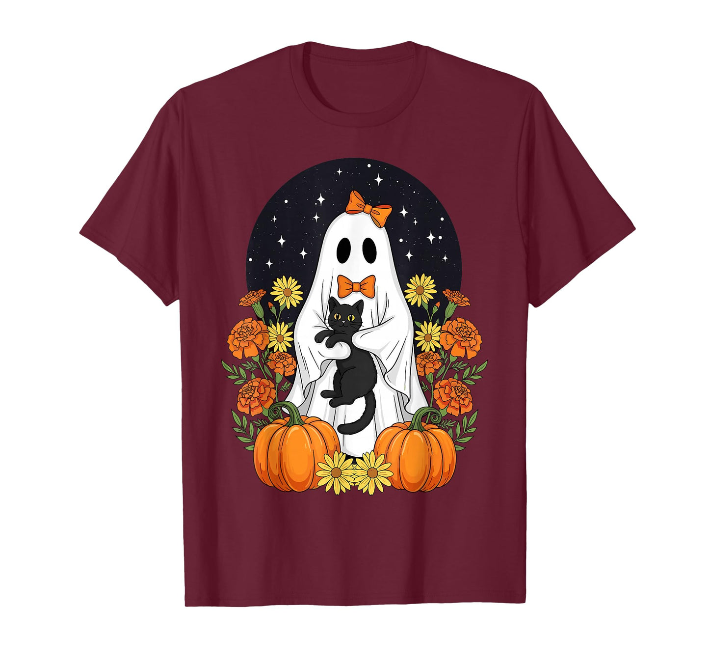 Vintage Halloween Ghost Holding Black Cat Groovy Floral T-Shirt