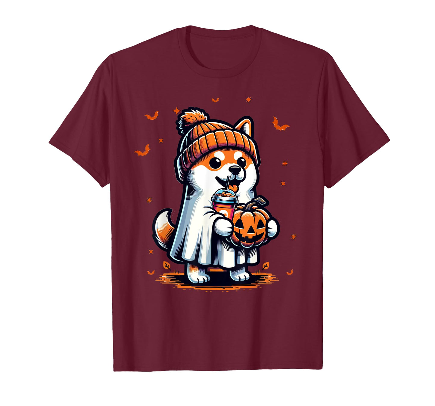 Ghost Shiba Inu Dog Pumpkin Drinks Beanie Fall Halloween T-Shirt for Men Women Kids