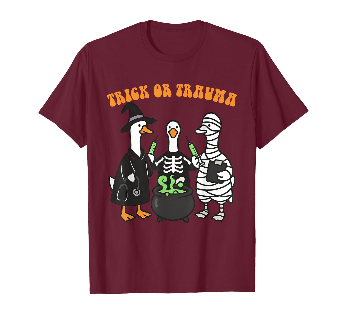 Trick Or Trauma Cute Ghost Nurse Therapy Halloween Goose T-Shirt